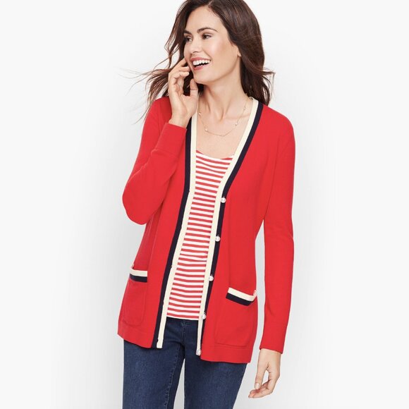 TALBOTS Super Soft Tipped Cardigan Cashmere Blend Pearl Buttons, Red, S - Picture 1 of 9